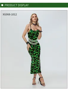 Detail view of St. Patrick's Day dress featuring green clover print and pearl waist accents