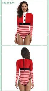 Detailed front and back view of long-sleeve Christmas Santa bodysuit with zipper