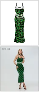 Detail of St. Patrick's clover print dress with pearls and floral waist decorations