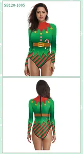 Front and back view of long-sleeve Christmas elf bodysuit with red collar and back zipper