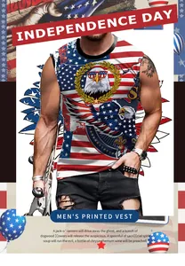 Close-up of Independence Day men's vest featuring patriotic eagle and flag digital print