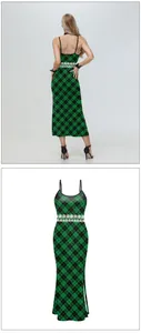 Detailed views of St. Patrick’s Day green leaf maxi dress with black plaid and snowflake waistband