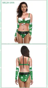 Detail of front and back 3D Christmas print on long sleeve modest athletic swimsuit