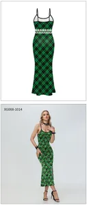 Detail of St. Patrick's Day green clover print and plaid pattern on slim maxi dresses