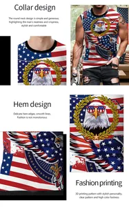 Detailed views of 3D eagle print and reinforced round neck on men's tank top