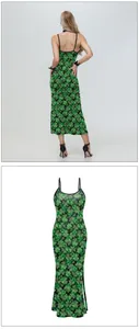Detail of St. Patrick's Day maxi dress with green clover print and side slit feature