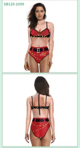 Front and back detail of long-sleeve Christmas swimsuit with red bikini print
