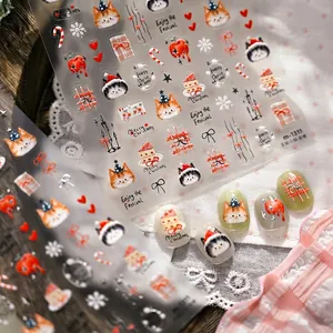 Adesivi per Unghie a Rilievo Gatto di Natale 3D Carino Cartone Animato Fiocco di Neve Torta Mela Manicure Festiva M1311