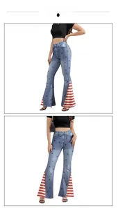 Dettaglio dei pantaloni a zampa con stampa di stelle e strisce patriottiche stile USA