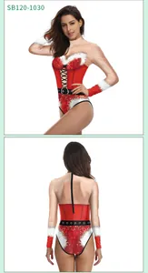 Detail view of long-sleeve Christmas bodysuit with Santa print and back zipper closure