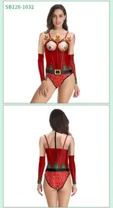 Front and back view of long-sleeve Christmas bodysuit with reindeer and belt print