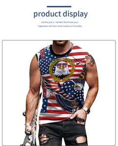 Close-up of Independence Day men's tank top featuring eagle and US flag prints