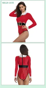 Detail of Christmas long sleeve bodysuit with red candy cane print and white fur trim