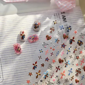 Retro cross and leopard heart nail stickers with blue stars and cherry patterns