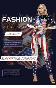 Slim fitting jumpsuit detail showing eagle and American flag print with elastic fabric