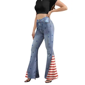 Pantaloni svasati a vita alta da donna con stampa stelle e strisce bandiera americana
