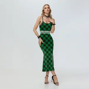 Women's St. Patrick's green shamrock print midi dress with white lace waist and side slit