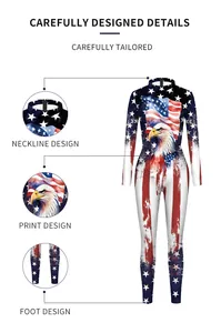 Detailing the collar design, eagle print, and ankle seams of the Independence Day bodysuit