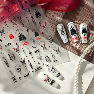 Gothic butterfly nail stickers M1287 featuring skull and castle designs on white nails