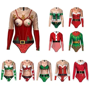 Women Christmas One Piece Swimsuit Long Sleeve Zipper 3D Digital Print Elf Santa Claus Funny Cosplay Party Swimwear Bodysuit