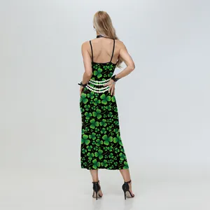 Slim St. Patrick's Day maxi dress with green clover print and open back design