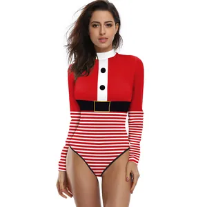 Christmas themed long sleeve one-piece swimsuit with Santa Claus print and striped pattern