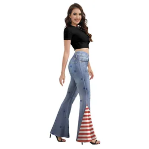 Pantaloni svasati da donna con stampa a stelle e strisce bianche e rosse americane