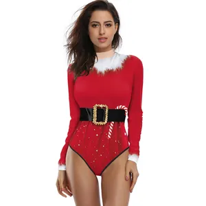 Women long sleeve Christmas bodysuit with 3D digital print and faux fur trim details