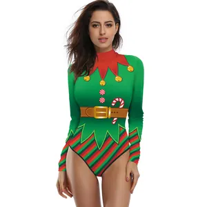 Long-sleeved Christmas elf bodysuit with festive 3D digital green and red stripe prints