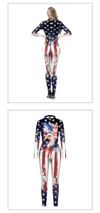 Vertical view of American flag eagle digital print jumpsuit with long sleeves and stars