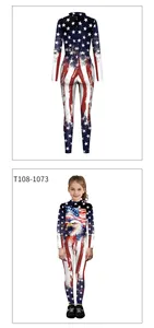 Detail of children's bodysuit featuring USA flag stripes, stars, and eagle print