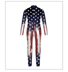 Detailed flat lay of long sleeve American flag jumpsuit with a distressed vintage print