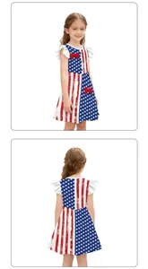 Detail of girls patriotic dress with flag print, ruffle sleeves and red bows
