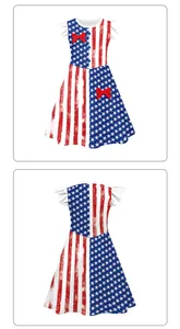 Front and back view of girls' American flag dress with star stripes and red bows