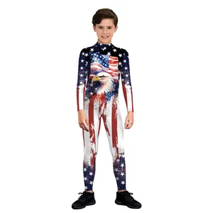Independence Day American Flag Bald Eagle Print Long Sleeve Slim Fit Jumpsuit For Women Kids Patriotic Cosplay Bodysuit Polyester Spandex
