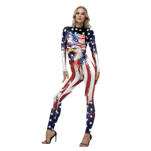 Women's American flag bodysuit with eagle print and red white stripes slim fit jumpsuit