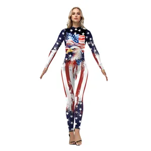 Slim fit long sleeve jumpsuit with American flag and eagle print for independence day