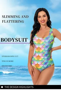 Detail view of colorful rainbow scale print swimsuit with ergonomic stereoscopic cut