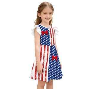 Girls Independence Day Dress American Flag Print Flutter Sleeve Bow Decor Milk Silk Stars And Stripes Festival Party Dress For Kids
