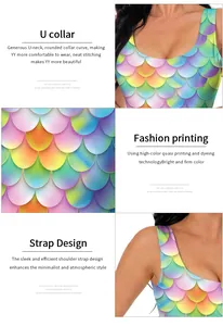 Detail view of U-neck design and rainbow fish scale print on high-stretch swimsuit