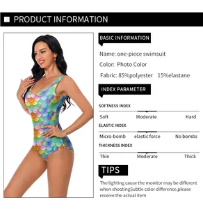 Detail showing 85% polyester and 15% elastane fabric specs for rainbow scale swimsuit