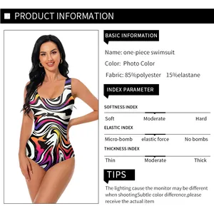Détail du maillot de bain imprimé tourbillon abstrait avec infos sur le tissu polyester