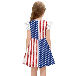 Girls Independence Day dress with ruffled sleeves and vintage American flag print back