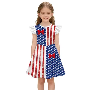 Girls Independence Day dress with star print, red stripes, and 3D bow details