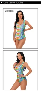 Detailed front and side view of slim fit one-piece swimsuit with rainbow fish scale print
