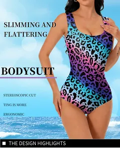 Detailed front view of vibrant leopard print one-piece swimsuit with slim fit cut