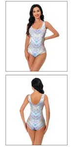 Front and back view of a U-neck swimsuit with rainbow fish scale print and pearlescent finish