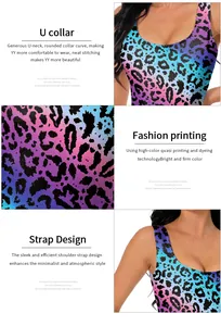 Detail of U-neckline and gradient leopard print stitching on women's one-piece swimsuit