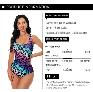 Detailed chart of one-piece leopard print swimsuit with fabric and size information