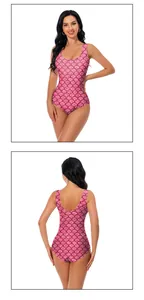 Front and back view of pink mermaid fish scale print one-piece swimsuit with U-neck design